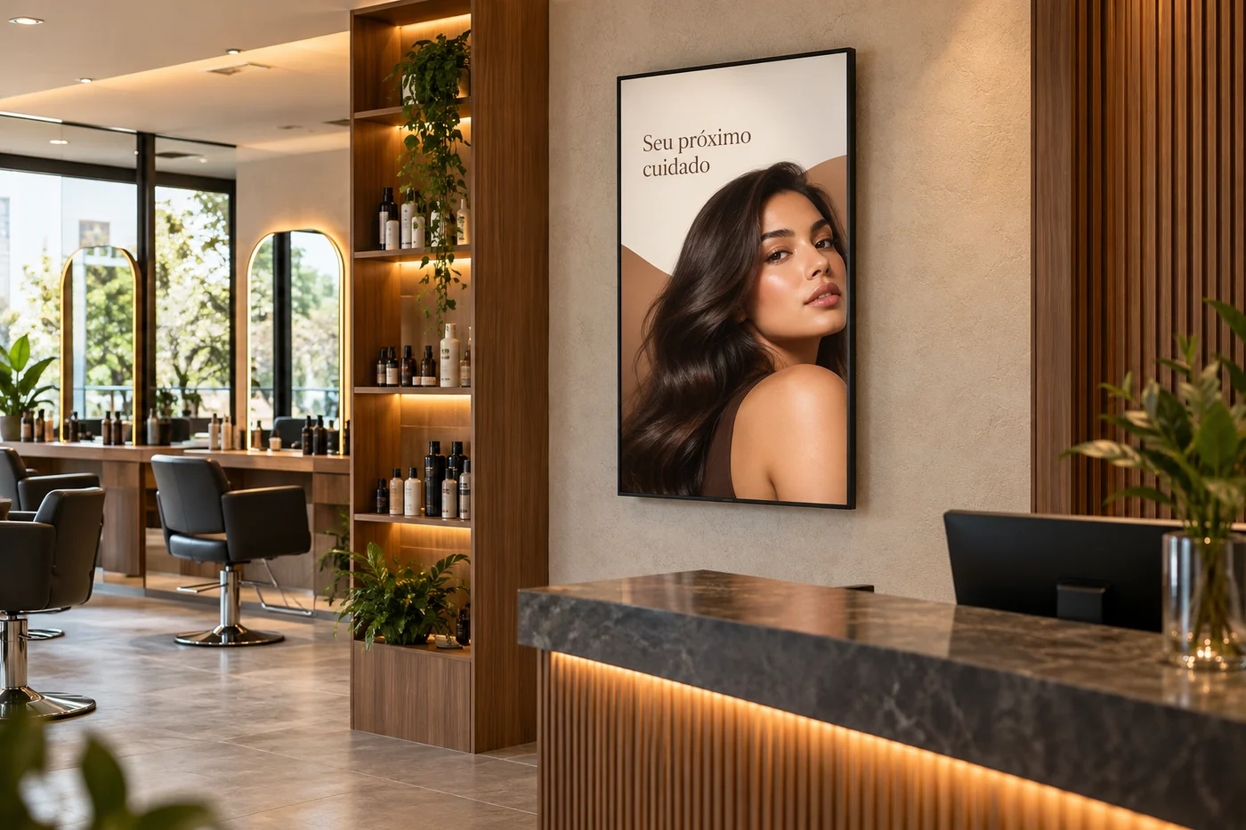 Simulação ilustrativa de recepção de salão com uma TV vertical exibindo uma campanha de cuidados com o cabelo